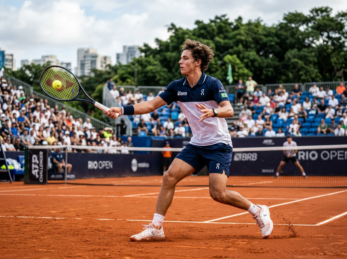 Tennis player hitting a forehand on clay court during a professional match