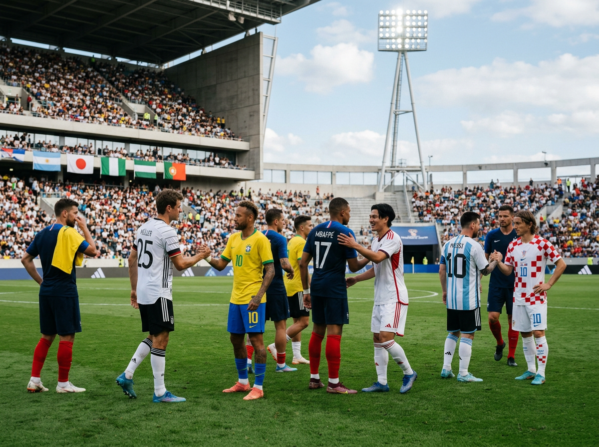 Soccer players from different national teams greeting each other on the field before a game